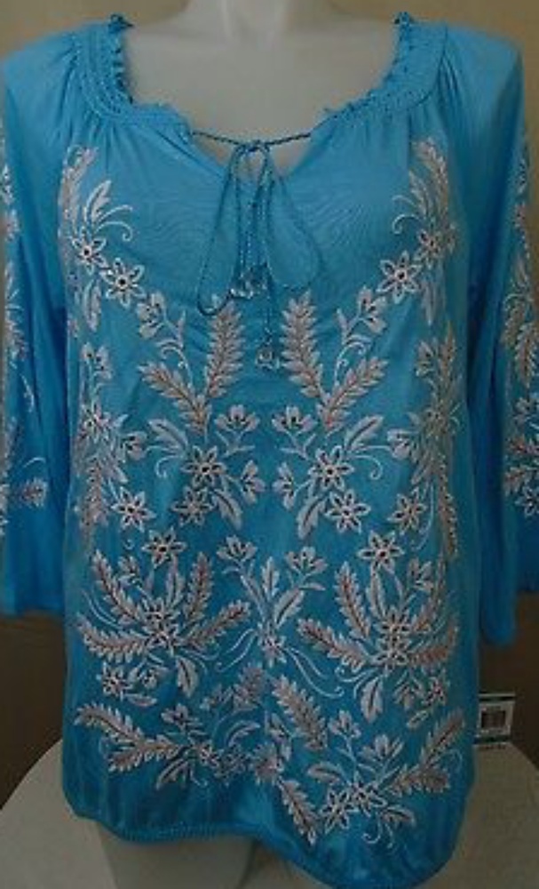 I.N.C. Embroidered Tie Front Peasant Top NEW